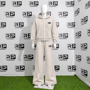 Ensemble de survêtement épais beige uni avec logo personnalisé, comprenant un sweat à capuche ample en molleton et un pantalon de survêtement baggy – Prix de gros - Product Image 5
