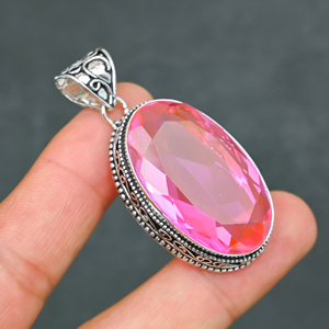 Magnifique pendentif ovale en quartz rose synthétique, style bohème, en argent sterling 925 plaqué rhodium, fait main, très demandé - Product Image 4