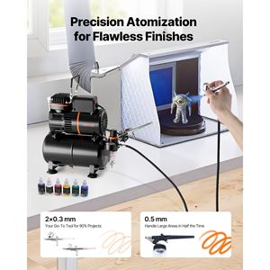 Kit Aerografo Professionale 1/6 HP con Compressore d'Aria, 3 Aerografi a Doppia Azione per Acrilico e 3 Punte con Tubo per Decorazione Torte - Product Image 2