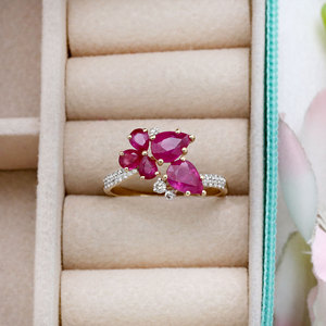 Bague asymétrique en or jaune massif 14 carats avec rubis et diamants, motif floral, bijoux fins, vente en gros, bague en pierres précieuses pour femme, cadeau - Product Image 5