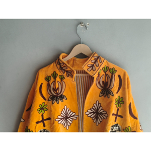 Hand Embroidered Breathable Velvet Jacket Women <b>Button</b> Collar Stripe Floral Pattern Full Sleeve Spring Bohemian Style - Product Image 4