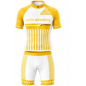 Ensemble de maillot et short de cyclisme personnalisé jaune et blanc, manches courtes, fermeture éclair intégrale, séchage rapide, rembourré, uniforme de course cycliste, vêtements de sport d'équipe - Product Image 1