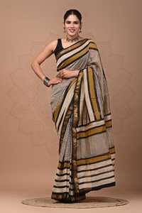 Sari de Seda Maheshwari al por Mayor, Sari Tradicional Indio Estampado a Mano con Borde Dorado Zari - Product Image 5