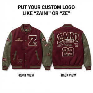 Premium 400 GSM Wool Blend Stand Varsity <b>Jacket</b> Maroon Olive Leather Sleeve Panels Rib Trim Custom Embroidered Front <b>Patch</b> - Product Image 1
