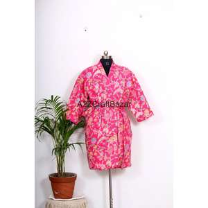 Kimono d'hiver neuf à imprimé floral Kantha, manches trois quarts, respirant, doux, design réversible, avec cordon de serrage, vêtements de nuit pour femmes - Product Image 2