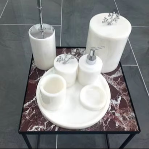 Marble Look Eco-Friendly Resin Angel <b>Bath</b> Room Set Tangerine Premium Design Set of 4 Soap Holder Dispenser <b>Tumbler</b> and Tray - Product Image 1