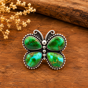 Anillo de Mariposa de Cobre Verde Turquesa Hecho a Mano Estilo Bohemio Occidental Joyería de Gema Ajustable Moda Sureña - Product Image 4