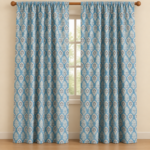 Rideaux en coton imprimé floral bleu |   Rideaux de fenêtre indiens faits à la main |   Rideaux de décoration florale bohème pour salon - Product Image 1
