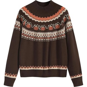 Pull en maille marron pour femme, col rond, manches longues, motif citrouille, style hiver, anti-boulochage, style automne - Product Image 5
