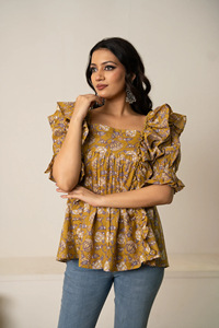 Túnica de Algodón Estampada a Mano Sukoon Ochre para Mujer con Mangas Abullonadas |   Ropa Casual de Verano al por Mayor, Calidad de Exportación - Product Image 3