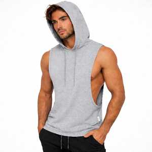 Débardeur de sport à capuche sans manches en coton 100 % confortable avec poches pour hommes, noir - Product Image 5