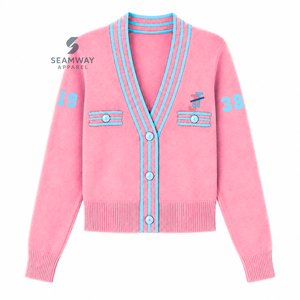 Cárdigan de punto estilo universitario para mujer Jack And Jill Of America, con cuello en V, botones frontales, ribete a rayas, bordado, estilo preppy. - Product Image 1