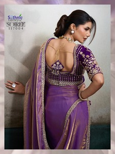 Sari indien élégant en soie satinée avec broderie de sequins, tenue traditionnelle pour mariage et fêtes, couleur violette - Product Image 4