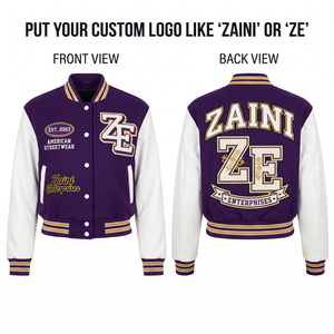 Veste courte pour femme, style varsity, 500 GSM, mélange de laine, violet et blanc, manches en PU, tricot côtelé, broderie personnalisée, logo appliqué - Product Image 1