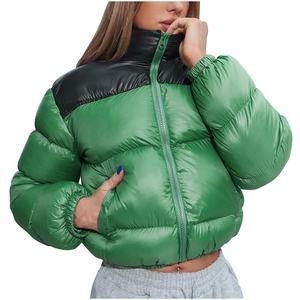 Women's Green Quilted Puffer <b>Jacket</b> With Black Contrast Shoulder Full <b>Sleeve</b> <b>Short</b> Winter Coat Polyester Wadding Zipper Closure - Product Image 4