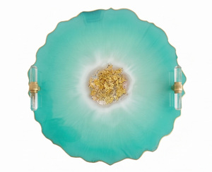 Premium Acme Metal Turquoise <b>Serving</b> <b>Tray</b> With <b>Gold</b> Rim Decorative Round Platter For Home Dining Wedding Events And Restaurant - Product Image 1