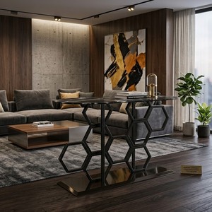 Luxury Black Marble Top Console <b>Table</b> with Creative Honeycomb Metal Base, Modern Oval Side <b>Table</b> for Hotel & Home Decor - Product Image 5