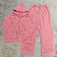 Ensemble de survêtement unisexe rose uni, élégant, scintillant, délavé à l'acide, avec strass, coupe classique, sweat à capuche et pantalon zippé