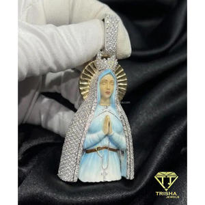 Colgante de Lujo con Figura Religiosa de Dama, con Esmalte Azul y Diamante Moissanita, Joyería de Plata de Ley 925 - Product Image 2