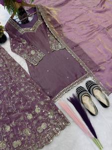 Premium Women's Traditional Ethnic Suit Party Wear with Elegant Twill Gold Net <b>Top</b> Plazzo Dupatta for <b>Festivals</b> - Product Image 4