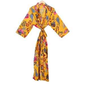 Floral Kimono Robe Japanese Style Hand Block Leaf Printed Pure Cotton <b>Cardigan</b> Stylish Thermal Wrap for Summer-for Night Gown - Product Image 1