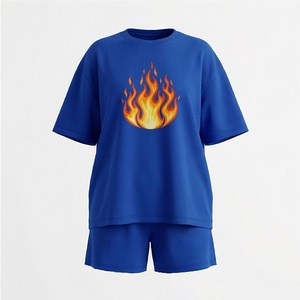 Women's Blue <b>Flame</b> Print 2 Piece Shorts Set Casual Loose Fit Crew Neck Short Sleeve T <b>Shirt</b> and Above Knee Shorts Summer Wear - Product Image 1