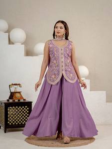 Ensemble indien pakistanais brodé de fleurs violettes, kurti en viscose, pantalon, dupatta, tenue ethnique pour femmes, fête, mariage - Product Image 2