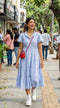 Light Blue Cotton Midi <b>Dress</b> Short Sleeve Polo Neck Layered Hem Breathable Woven Fabric Floral Print Casual Summer Wear - Product Image 3