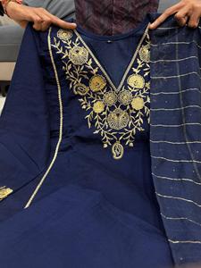 Designer Satori <b>Silk</b> <b>Kurta</b> With Cotton Lining Hand Embellished Neckline Maharaja <b>Silk</b> Pants Zari Stripe Banarasi Dupatta Ready - Product Image 6
