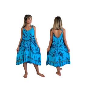 Women Boho Midi Dress Rayon Fabric Tie Dye Print Sleeveless V Neck Blue Black Loose Fit Dress For Summer - Product Image 1