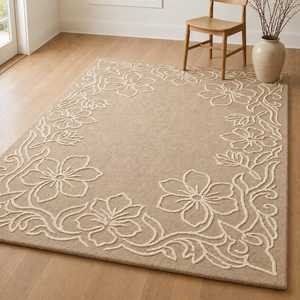 Tapis rectangulaire floral beige crème à poils moyens, antidérapant, pour salon - Product Image 1