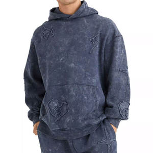 Chándal Unisex Azul Oscuro con Capucha, Manga Larga, Corte Holgado, Algodón Teñido, Diseño de Corazón Bordado, Ropa de Otoño - Product Image 4