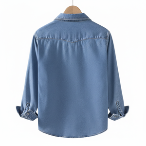 Chemise en jean à manches longues pour homme, col rabattu, boutonnée, avec deux poches poitrine, bleu uni - Product Image 5