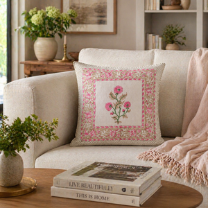 Pink Floral Hand Block Cotton Cushion Cover Indian Decorative Pillow Cover for Sofa Bedroom and Lounge Decor - Product Image 2