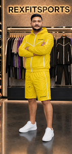 ชุดกีฬา REXFIT SPORTS 2026 สีเหลืองแบบกำหนดเอง ชุดเซ็ตเสื้อแจ็คเก็ตฮู้ดกันลมและกางเกงขาสั้นผ้าไนลอนสำหรับผู้ชาย ชุดกีฬาสองชิ้น พร้อมโลโก้แบบกำหนดเอง - Product Image 3