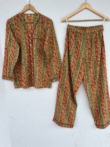 Women’s Beige Rust Botanical Stripe Print Cotton Pajama Set with Long-Sleeve Button-Down <b>Shirt</b> pure cotton pj set for women - Product Image 1