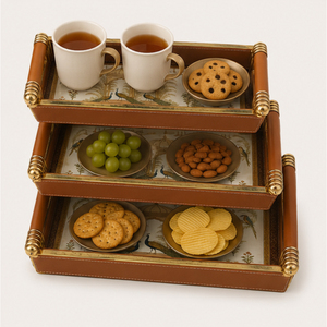 Luxury Mughal Art Peacock Wooden Serving Tray <b>Set</b> of 3 Decorative Nested Trays with Enamel Coated <b>Waterproof</b> Finish - Product Image 2