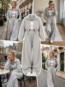 Conjunto Deportivo de Dos Piezas para Mujer, Azul Cielo y Rosa, Chaqueta Corta con Cierre, Pantalones Jogger de Cintura Alta y Pierna Ancha, Ropa Casual para Estar en Casa - Product Image 4