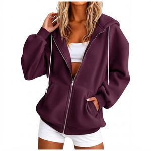 Achetez en gros : Cardigan marron à capuche zippé pour femme, veste décontractée tricotée avec poches, manches longues, couleur unie, coupe classique - Product Image 2