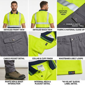 Camiseta de Manga Corta Amarilla y Azul Marino, Camisa de Trabajo de Alta Visibilidad con Tiras Reflectantes, Ropa de Trabajo para Construcción de Carreteras, Poliéster de Secado Rápido - Product Image 2