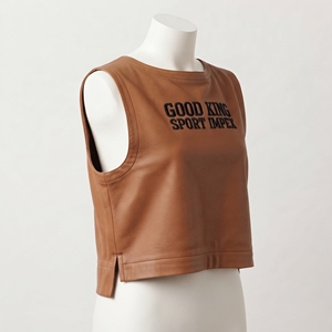 Cognac Tan <b>Leather</b> Shell <b>Top</b> Women Boat Neck Sleeveless Boxy Crop Side Slit Contrast Stitching Varsity Logo Embroidery Wholesale - Product Image 3