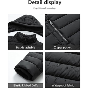 Men's Black Hooded Puffer <b>Jacket</b> Windproof Zipper Closure Polyester Winter Coat Casual Style Regular Fit - Product Image 5