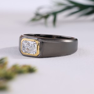Two Tone Gold Bezel Radiant Cut Diamond Black Rhodium Signet <b>Ring</b> Brushed Texture <b>Men</b> Wedding Band Minimalist Fine Jewelry Gift - Product Image 3