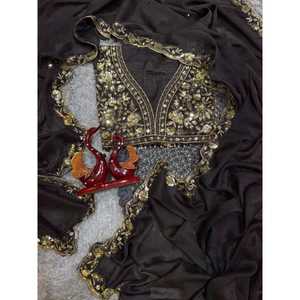 Sari Negro con Bordado de Lentejuelas y Encaje, Diseño Exquisito, Ropa India y Pakistaní - Product Image 3