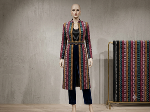 Veste Abaya pour femme, style folklorique traditionnel, velours géométrique, base noire avec broderie linéaire, décoration kaftan. - Product Image 4