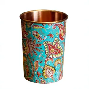 Gobelet en cuivre à motif floral vert, tasse décorative en métal émaillé, vaisselle de style indien pour la maison, l'hôtel et le restaurant - Product Image 4