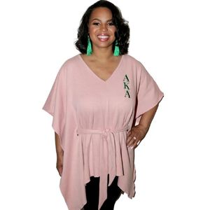 Poncho AKA para Mujer, Color Rosa, Cuello en V, Corte Holgado, Túnica con Cinturón, Ropa Casual para Hermandades Griegas, Prenda Exterior Elegante y a la Moda - Product Image 1