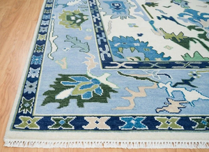Alfombra Oushak de lana anudada a mano de lujo | Alfombra Oriental Azul Claro Hecha a Mano Estilo Oushak Turco Tradicional para Decoración de Sala de Estar - Product Image 2