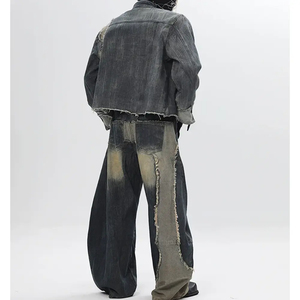 Custom Patchwork Washed Denim Jackets Streetwear Stonewashed Raw Edge Men Jeans Vintage Distressed Outwear Set - Product Image 6