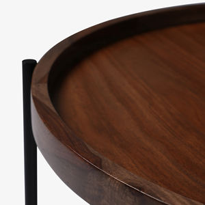Table basse de salon pliable en bois d'acacia massif avec finition noyer, plateau rond en marbre blanc et base en métal, durable - Product Image 4